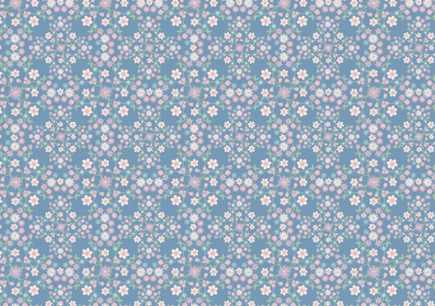 A repeating floral pattern on a dusty blue background, featuring small white and pink blossoms with green stems and leaves.