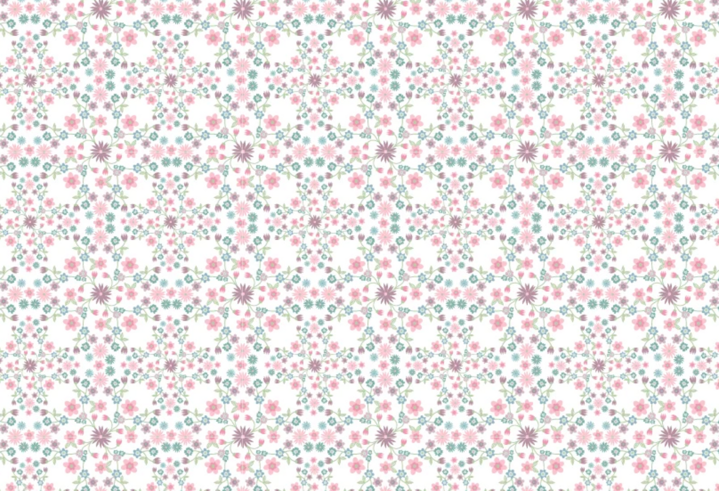 A seamless repeating pattern featuring small pink flowers, mint green dots, and lavender starbursts arranged in a grid on a white background.