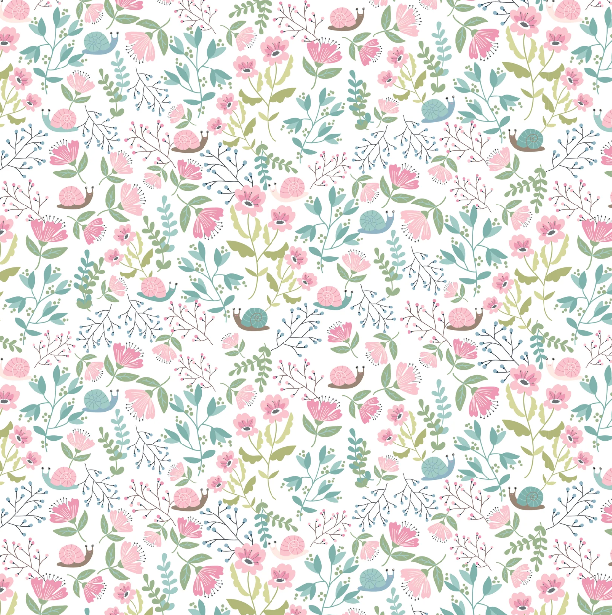 A repeating watercolor-style floral pattern on a white background, featuring pink flowers, green leaves, and small blue and pink snails.