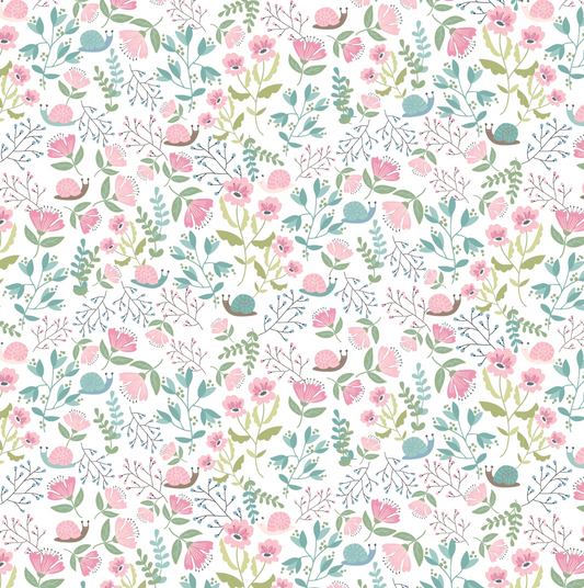 A repeating watercolor-style floral pattern on a white background, featuring pink flowers, green leaves, and small blue and pink snails.