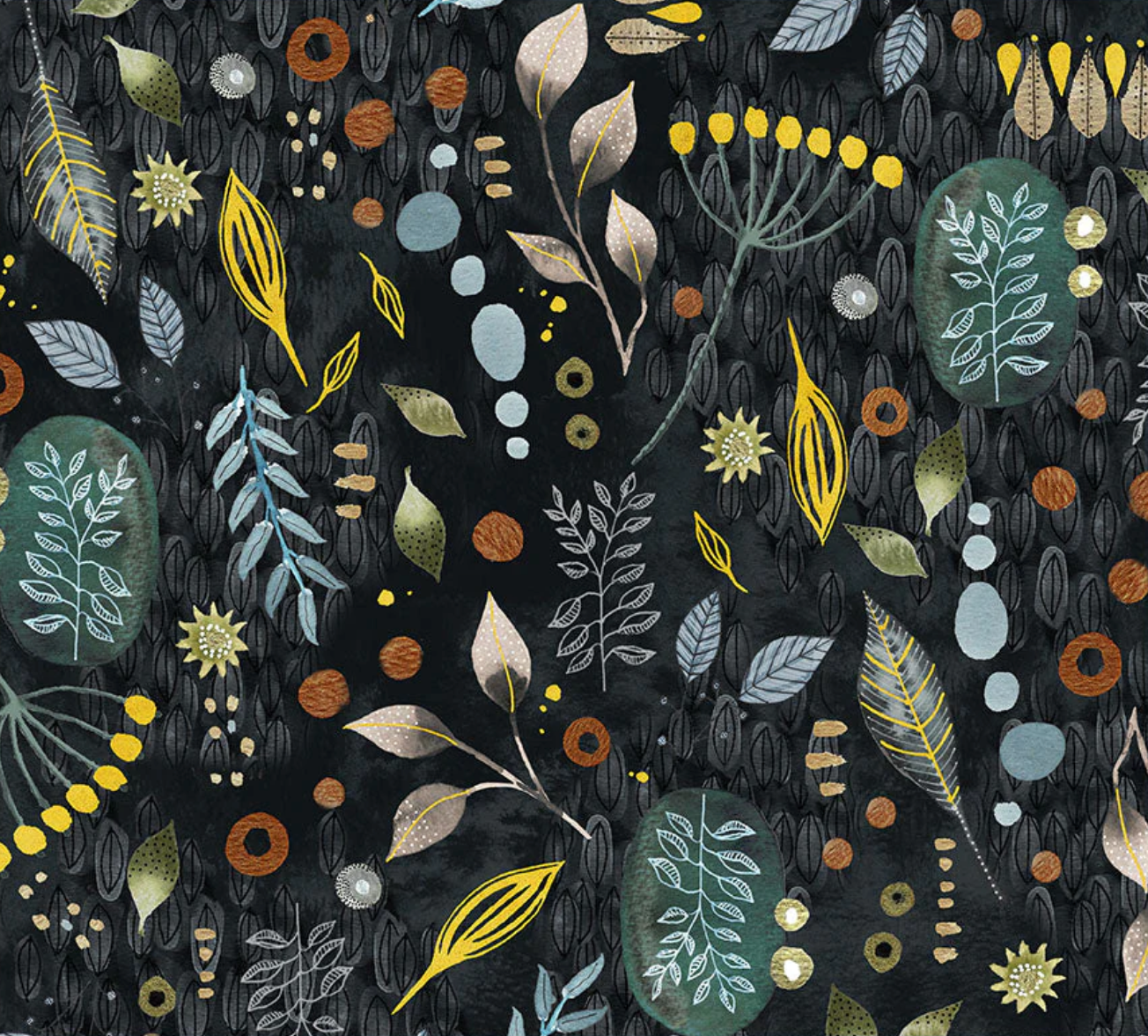 Cotton fabric by Essoldo Design,  a modern study  contrasting bold botanicals with  clean, graphic shapes