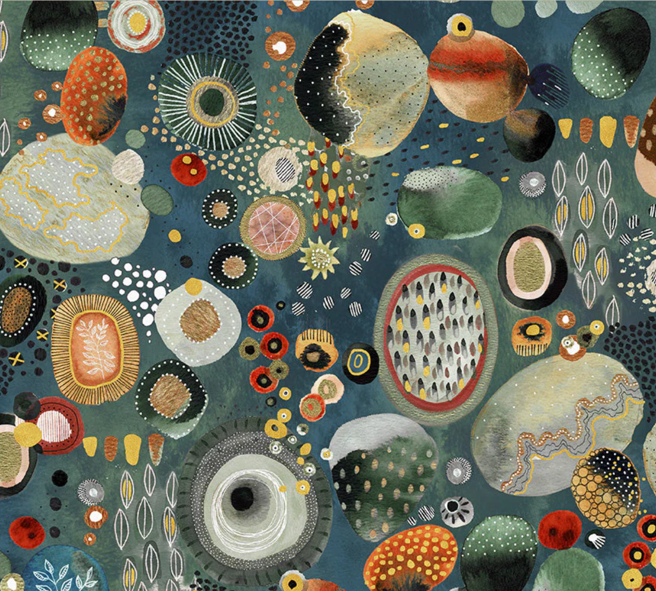 Cotton fabric by Essoldo Design,  a modern study  contrasting bold botanicals with  clean, graphic shapes