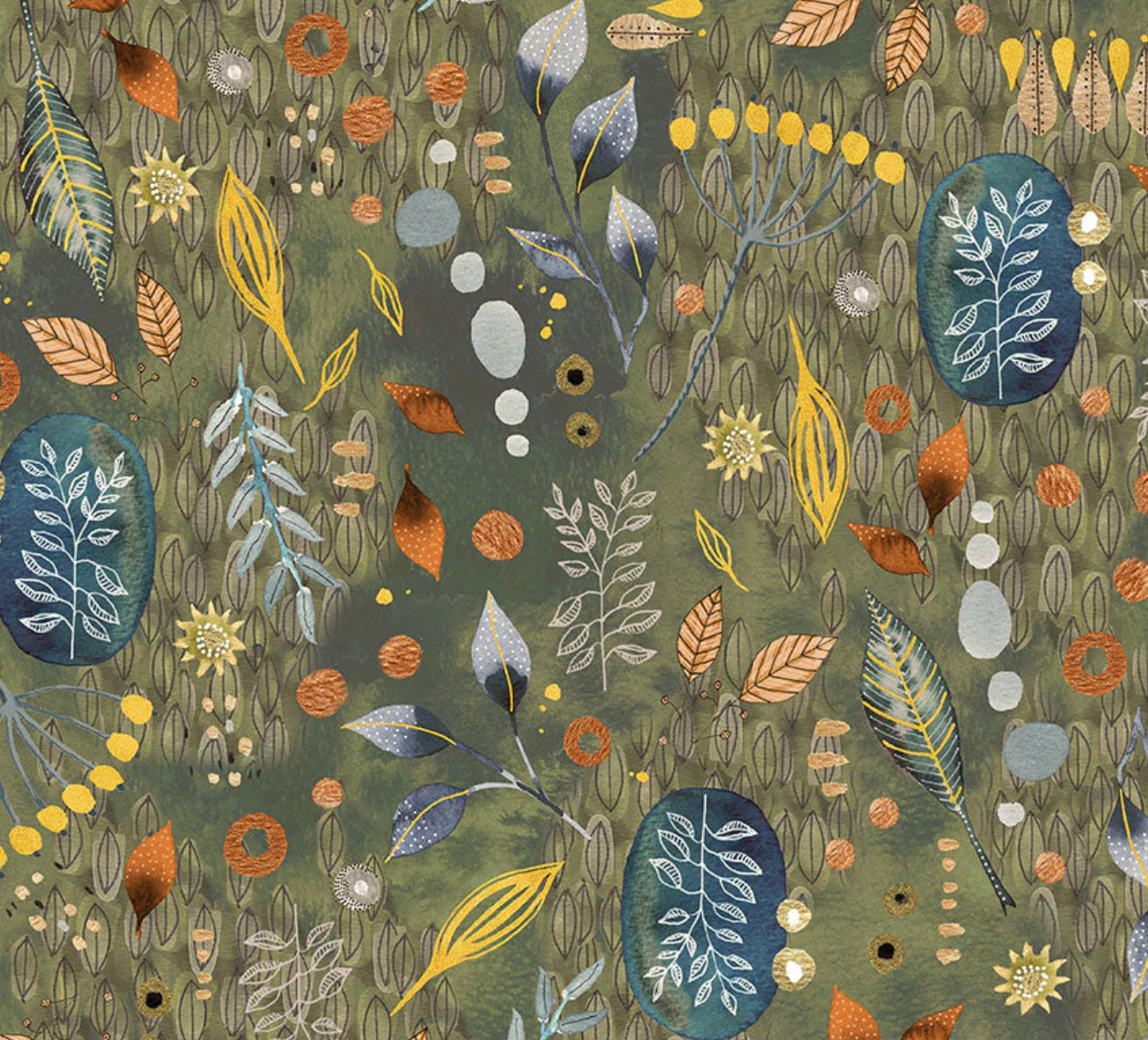 Cotton fabric by Essoldo Design,  a modern study  contrasting bold botanicals with  clean, graphic shapes