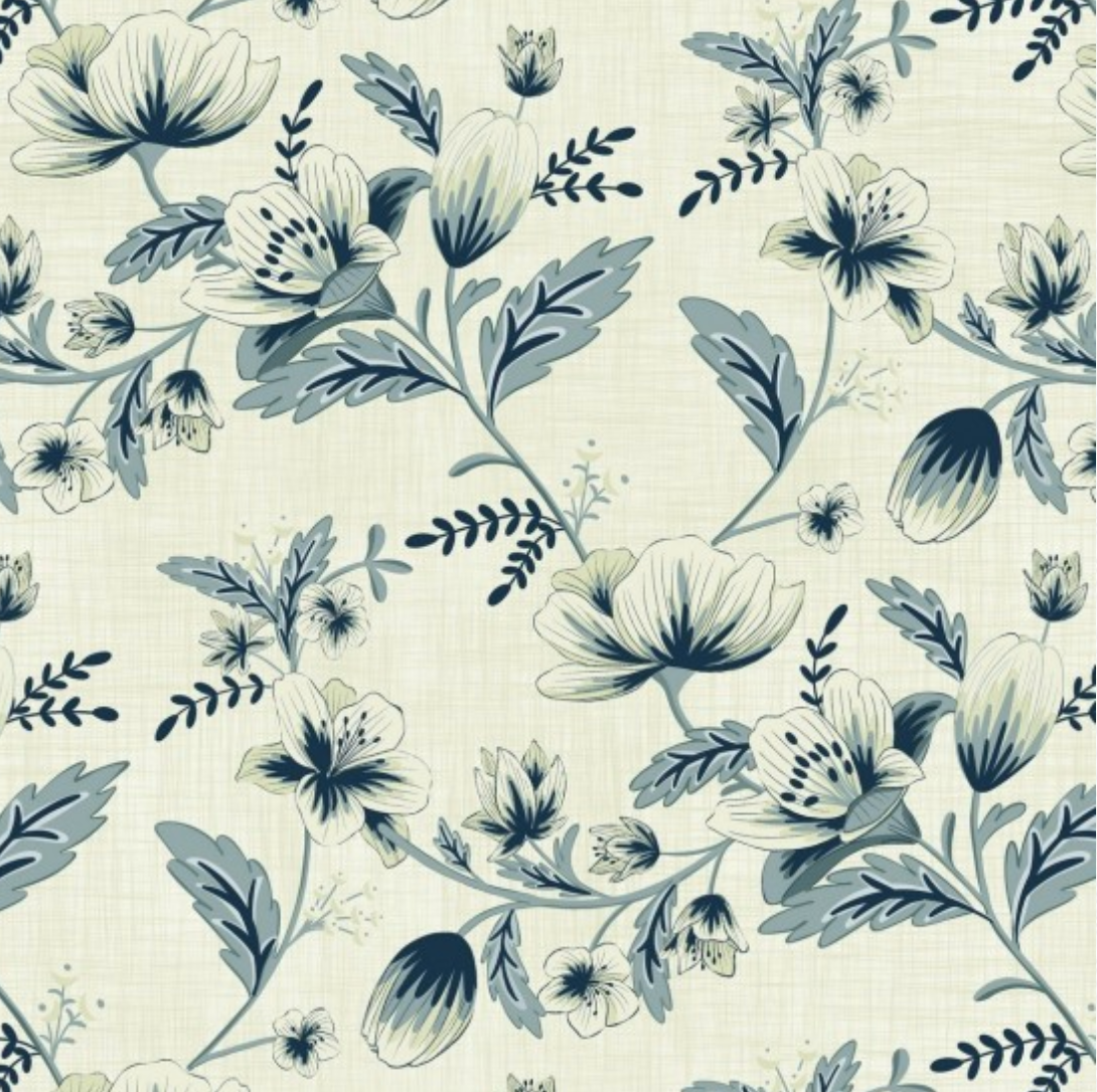 100% cotton Bluebell Garden - a beautiful collection  in  a classic palette of serene blues and warm creams