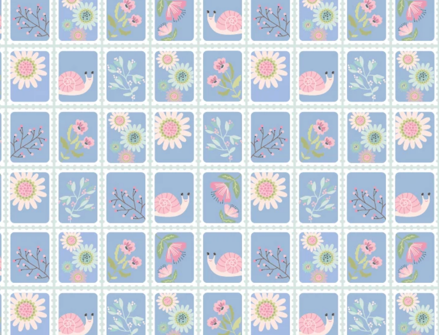 A repeating pattern of square tiles on a white background, each featuring a light blue interior with whimsical spring illustrations including pink snails, daisies, flowers, and small green plants.