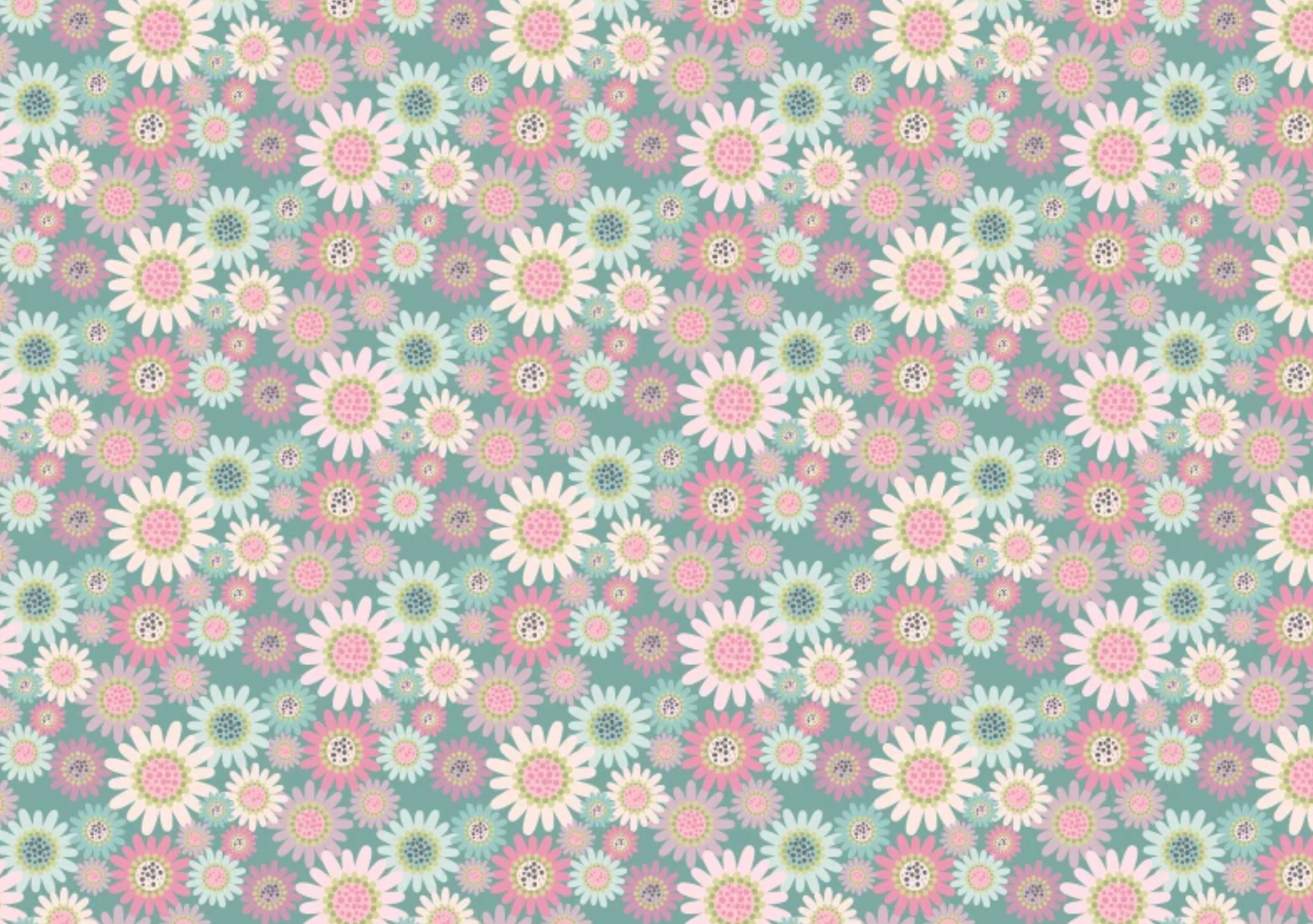 A repeating floral pattern featuring daisy-like flowers in pink, white, and light blue on a soft teal background.