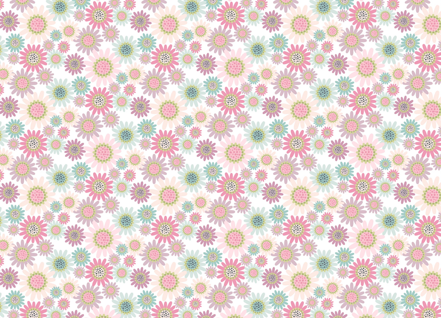 A repeating floral pattern featuring pink, light blue, and mint green daisy-like flowers with yellow centers on a white background.